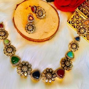 Indian Vintage gemstones necklace with 14k gold